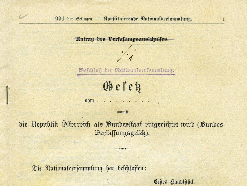 Beschluss der Nationalversammlung: Gesetz vom 1. Oktober 1920, womit die Republik Österreich als Bundesstaat eingerichtet wird (Bundesverfassungsgesetz).