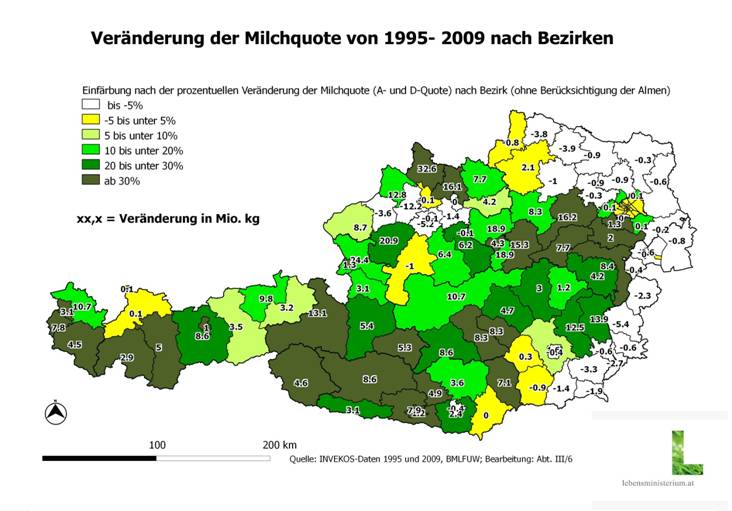 Veränderung der Milchquote nach Bezirken_ohne Almen_1995-2009