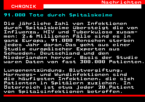 136.1. Nachrichten CHRONIK. 91.000 Tote durch Spitalskeime. Die jährliche Zahl von Infektionen durch Spitalskeime übersteigt die von Influenza, HIV und Tuberkulose zusam- men: 2,6 Millionen Fälle sind es in ganz Europa, 91.000 Menschen sterben jedes Jahr daran.Das geht aus einer Studie europäischer Experten aus Schweden, Deutschland und den Niederlanden hervor. Basis der Studie waren Daten von fast 300.000 Patienten. Lungenentzündung, Blutvergiftung, Harnwegs- und Wundinfektionen sind die häufigsten Infektionen, die sich Patienten in Spitälern zuziehen. In Österreich ist etwa jeder 20.Patient von Spitalsinfektionen betroffen.