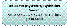 Schutz vor physischer/psychischer Gewalt
Art. 2 KRK, Art. 6 BVG Kinderrechte,
§ 138 ABGB