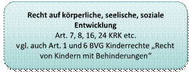 Recht auf körperliche, seelische, soziale Entwicklung 
Art. 7, 8, 16, 24 KRK etc.
vgl. auch Art. 1 und 6 BVG Kinderrechte „Recht von Kindern mit Behinderungen“
