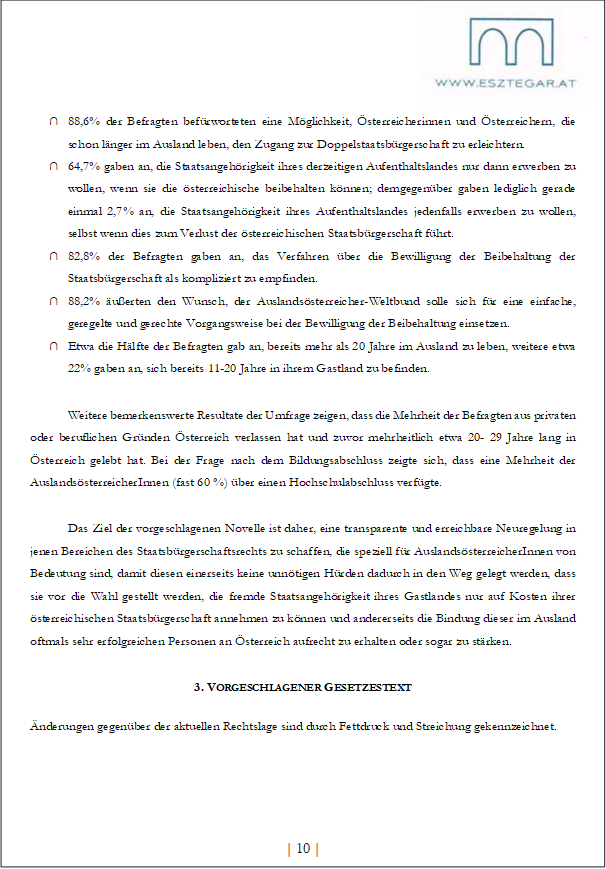 ∩ 88,6% der Befragten befürworteten eine Möglichkeit, Österreicherinnen und Österreichern, die schon länger im Ausland leben, den Zugang zur Doppelstaatsbürgerschaft zu erleichtern.
∩ 64,7% gaben an, die Staatsangehörigkeit ihres derzeitigen Aufenthaltslandes nur dann erwerben zu wollen, wenn sie die österreichische beibehalten können; demgegenüber gaben lediglich gerade einmal 2,7% an, die Staatsangehörigkeit ihres Aufenthaltslandes jedenfalls erwerben zu wollen, selbst wenn dies zum Verlust der österreichischen Staatsbürgerschaft führt.
∩ 82,8% der Befragten gaben an, das Verfahren über die Bewilligung der Beibehaltung der Staatsbürgerschaft als kompliziert zu empfinden.
∩ 88,2% äußerten den Wunsch, der Auslandsösterreicher-Weltbund solle sich für eine einfache, geregelte und gerechte Vorgangsweise bei der Bewilligung der Beibehaltung einsetzen.
∩ Etwa die Hälfte der Befragten gab an, bereits mehr als 20 Jahre im Ausland zu leben, weitere etwa 22% gaben an, sich bereits 11-20 Jahre in ihrem Gastland zu befinden.
Weitere bemerkenswerte Resultate der Umfrage zeigen, dass die Mehrheit der Befragten aus privaten oder beruflichen Gründen Österreich verlassen hat und zuvor mehrheitlich etwa 20- 29 Jahre lang in Österreich gelebt hat. Bei der Frage nach dem Bildungsabschluss zeigte sich, dass eine Mehrheit der AuslandsösterreicherInnen (fast 60 %) über einen Hochschulabschluss verfügte.
Das Ziel der vorgeschlagenen Novelle ist daher, eine transparente und erreichbare Neuregelung in jenen Bereichen des Staatsbürgerschaftsrechts zu schaffen, die speziell für AuslandsösterreicherInnen von Bedeutung sind, damit diesen einerseits keine unnötigen Hürden dadurch in den Weg gelegt werden, dass sie vor die Wahl gestellt werden, die fremde Staatsangehörigkeit ihres Gastlandes nur auf Kosten ihrer österreichischen Staatsbürgerschaft annehmen zu können und andererseits die Bindung dieser im Ausland oftmals sehr erfolgreichen Personen an Österreich aufrecht zu erhalten oder sogar zu stärken.
3. VORGESCHLAGENER GESETZESTEXT
Änderungen gegenüber der aktuellen Rechtslage sind durch Fettdruck und Streichung gekennzeichnet.
| 10 |