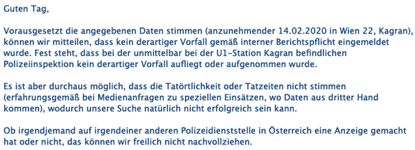 Eine E-Mail der Polizeidirektion Wien. (Screenshot: CORRECTIV)