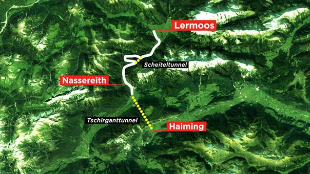 Grafik Fernpass-Strecke mit geplantem Scheiteltunnel und möglichem Verlauf Tschirganttunnel