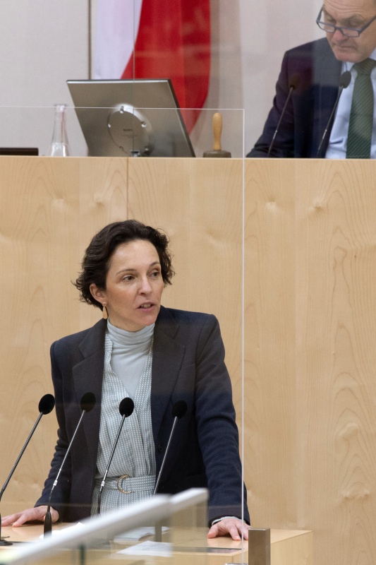 Am Rednerpult Martina Künsberg-Sarre (N). Am Präsidium Nationalratspräsident Wolfgang Sobotka (V)