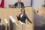 Am Rednerpult Nationalratsabgeordnete Sonja Hammerschschmid (S). Am Präsidium Nationalratspräsident Wolfgang Sobotka (V)