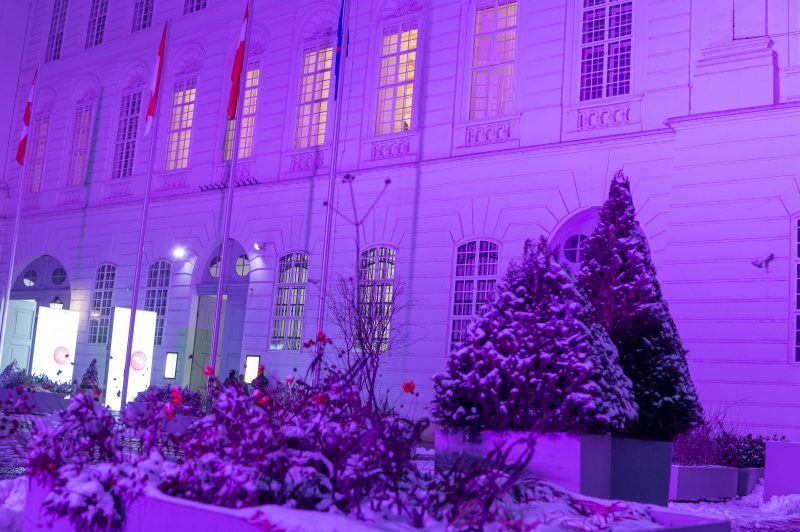 Purple Light Up auf der Fassade des Parlaments am Josefsplatz