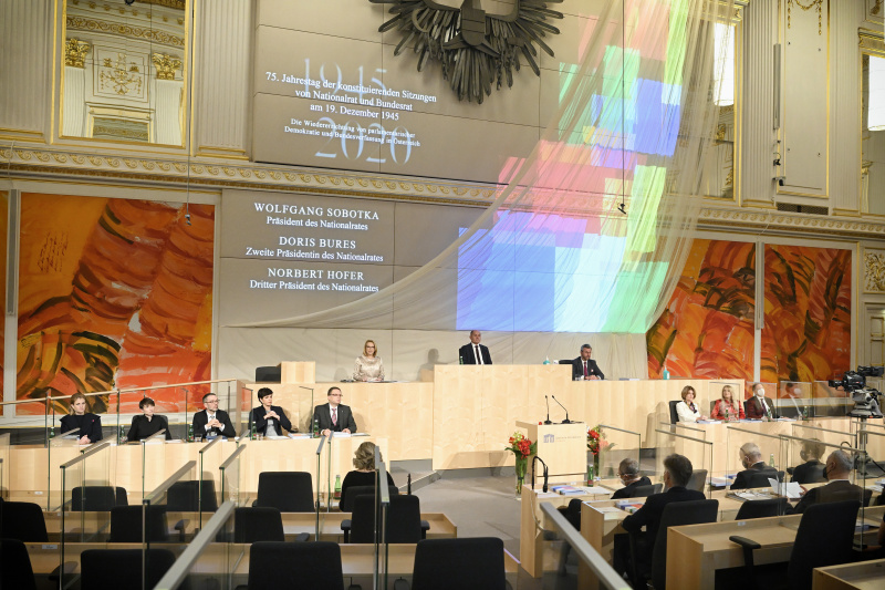 Präsidium von links: Zweite Nationalratspräsidentin Doris Bures (SPÖ), Nationalratspräsident Wolfgang Sobotka, Dritter Nationalratspräsident Norbert Hofer (FPÖ)