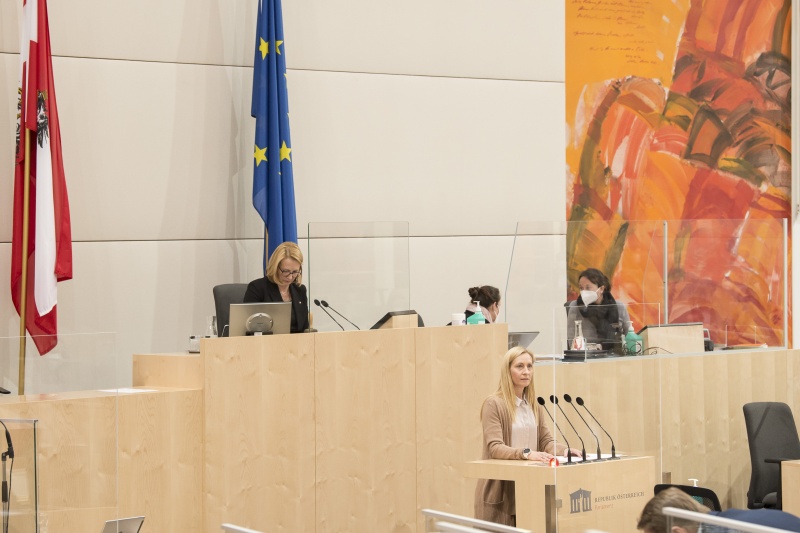 Am Rednerpult: Nationalratsabgeordnete Agnes Sirkka Prammer (GRÜNE). Am Präsidium: Zweite Nationalratspräsidentin Doris Bures (SPÖ)