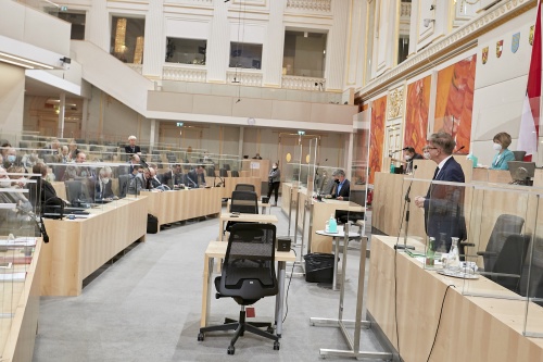 Rede von Sozialminister Rudolf Anschober (GRÜNE). Blick Richtung SitzungsteilnehmerInnen