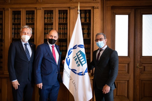 Von links: Nationalratsabgeordneter Reinhold Lopatka, Nationalratspräsident Wolfgang Sobotka ÖVP), Präsident der IPU Duarte Pacheco