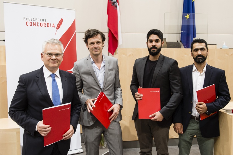 Preisträger von links: Dieter Bornemann, Robert Treichler, Sayed Jalal Shajjan, Emran Feroz