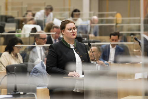 Aktuelle Fragestunde an den Finanzminister. Am Rednerpult: Nationalratsabgeordnete Carina Reiter (ÖVP)
