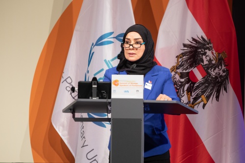 Ms. Fawzia Zainal, the Speaker of the Council of Representatives in Bahrain. Session 1: Women in the pandemic: A tribute to everyday heroes, Motion 1