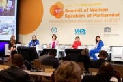 From left: Claudia Ledesma Abdala de Zamora, Provisional President of the Senate – Argentina, Ms. Fawzia Zainal, the Speaker of the Council of Representatives in Bahrain, Ms. Christine Muttonen, Moderator, Ms. Puan Maharani, the Speaker of the House of Representatives in Indonesia, Ms. Stephanie D’Hose, the President of the Senate in Belgium. .Session 1: Women in the pandemic: A tribute to everyday heroes, Motion 1