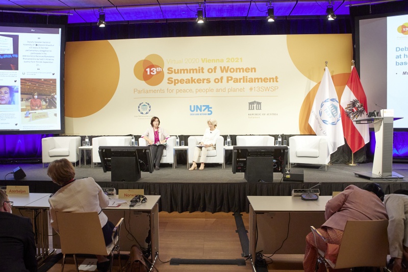 Moderator Ms. Christine Muttonen introduces first motion and invites Ms. Inara Murniece, the Speaker of Parliament from Lativa - Session 1: Women in the pandemic: A tribute to everyday heroes - Motion 1