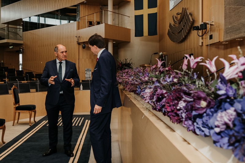 Besuch des Riksdags. Von links: Präsident des Riksdags Andreas Norlén, Nationalratspräsident Wolfgang Sobotka (V) im Gespräch