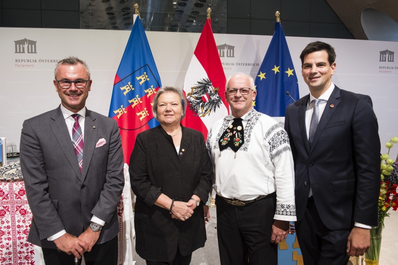 Von links: Dritter Nationalratspräsident Norbert Hofer (FPÖ),Dritte Nationalratspräsidentin a.D. Anneliese Kitzmüller, Bundesobmann Manfrend Schuller, Nationalratsabgeordneter Hannes Amesbauer (FPÖ)