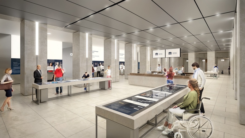 Die Agora ist der zentrale Ort im BesucherInnenzentrum. Sie dient BesucherInnen als Begegnungsraum und ist Ausgangspunkt für alle Wege im Parlamentsgebäude. Großformatige Wandgrafiken und interaktive Elemente begleiten zukünftig diesen Raum