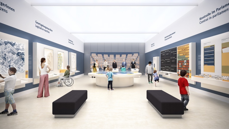 Der Saal Demokratikum gewährt Erwachsenen und Kindern auf erlebnisorientierte Weise vertiefende Einblicke in den gelebten Parlamentarismus. An interaktiven und multimedialen Stationen können Instrumente und Prozesse der österreichischen Demokratie ausprobiert und nachvollzogen werden. Die BesucherInnen sind eingeladen sich aktiv zu beteiligen