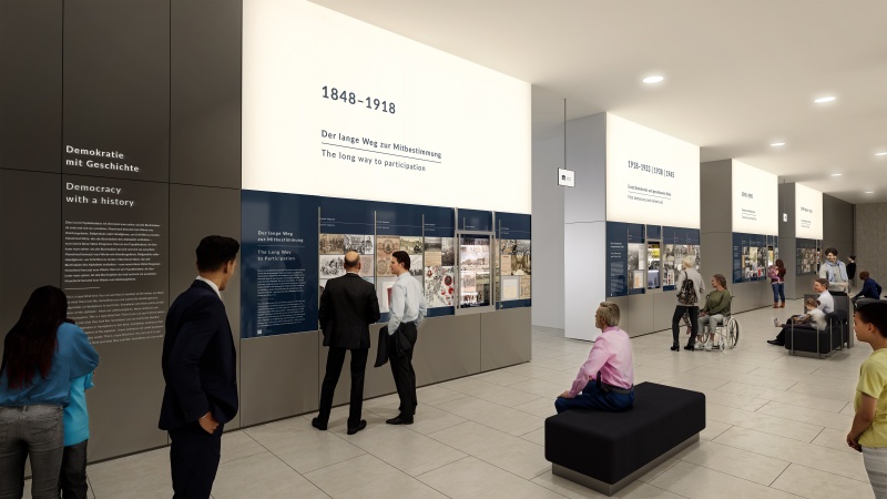 An beiden Seiten der Agora befinden sich je vier Wandstationen à 4,5 m Länge.  Abgebildet ist die Wandseite "Demokratie mit Geschichte", die einen Überblick über die Geschichte der Demokratie in Österreich ab 1848 gibt