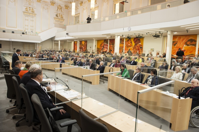 Blick Richtung VeranstaltungsteilnehmerInnen. Am Rednerpult: Gesundheitsminister Wolfgang Mückstein (G)
