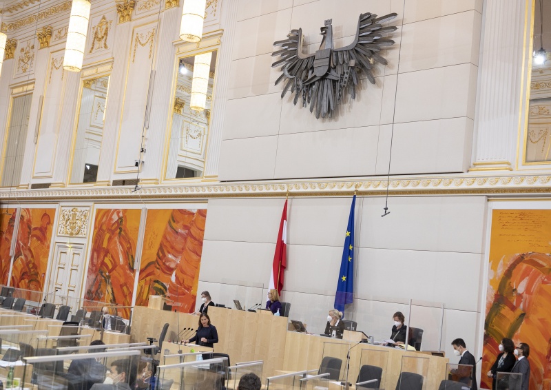 Nationalratsabgeordnete Bettina Zopf (ÖVP) am Rednerpult, Zweite Nationalratspräsidentin Doris Bures (SPÖ) am Präsidium