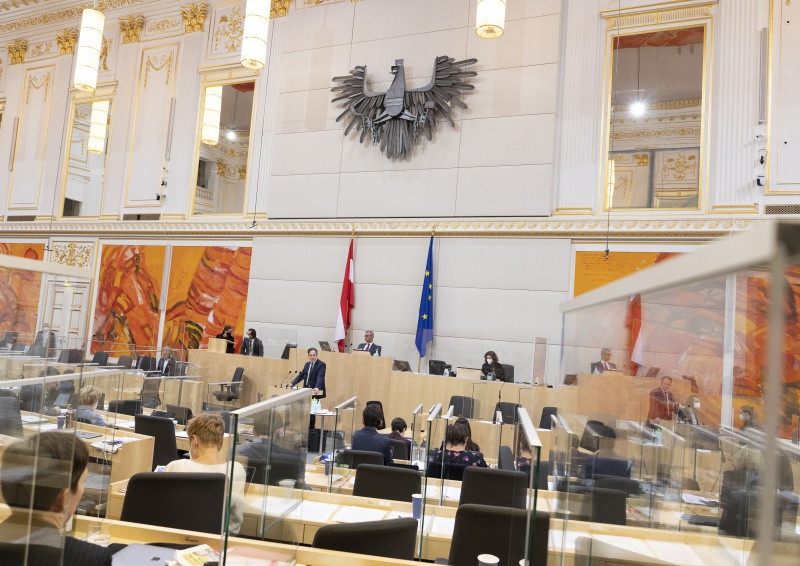 Nationalratsabgeordneter Johannes Schmuckenschlager (ÖVP) am Rednerpult, Dritter Nationalratspräsident Norbert Hofer (FPÖ) am Präsidium