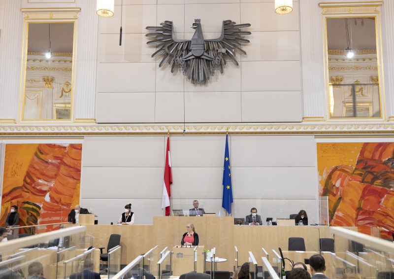 Nationalratsabgeordnete Eva-Maria Himmelbauer (ÖVP) am Rednerpult, Dritter Nationalratspräsident Norbert Hofer (FPÖ) am Präsidium