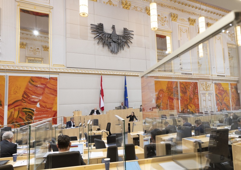 Nationalratsabgeordnete Julia Herr (SPÖ) am Rednerpult, Dritter Nationalratspräsident Norbert Hofer (FPÖ) am Präsidium