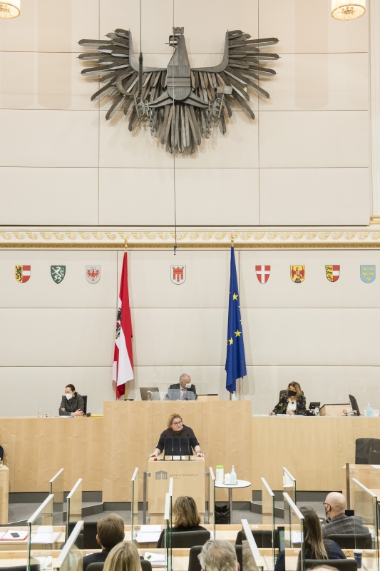 Am Rednerpult: Bundesrätin Korinna Schumann (SPÖ). Am Präsidium: Bundesratsvizepräsident Günther Novak (SPÖ)