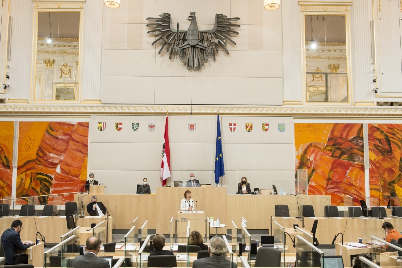 Am Rednerpult: Bundesrätin Michaela Schartel (FPÖ). Am Präsidium: Bundesratsvizepräsident Günther Novak (SPÖ). Auf der Regierungsbank: Bundeskanzler Karl Nehammer (ÖVP)