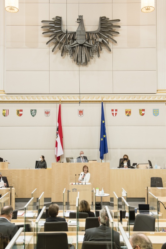 Am Rednerpult: Bundesrätin Michaela Schartel (FPÖ). Am Präsidium: Bundesratsvizepräsident Günther Novak (SPÖ)