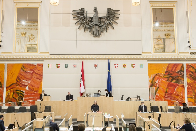 Am Rednerpult: Bundesrätin Bettina Lancaster (SPÖ). Am Präsidium: Bundesratspräsidentin Christine Schwarz-Fuchs (ÖVP)