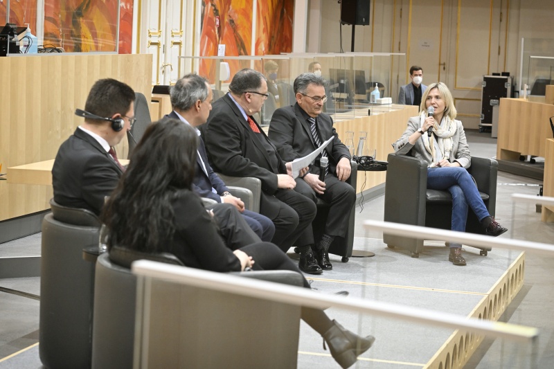 Podiumsdiskussion, von links: Katharina Graf-Janoska, Loránt Vincze, Andreas Sarközi, Gerhard Baumgartner, Emmerich Gärtner-Horvath, Danijela Cicvarić