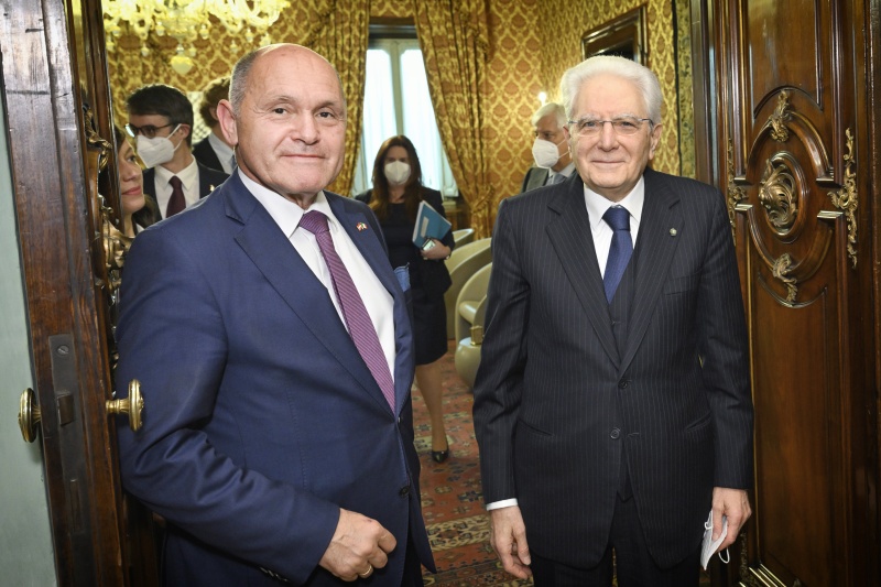 Treffen mit dem Präsidenten der italienischen Republik Sergio Matarella. Von links: Nationalratspräsident Wolfgang Sobotka (ÖVP), Präsident der italienischen Republik Sergio Matarella