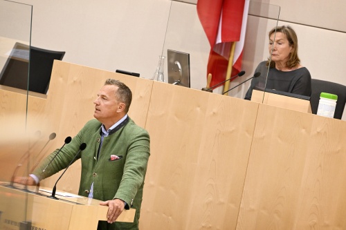 Europaabgeordneter Georg Mayer (FPÖ) am Rednerpult