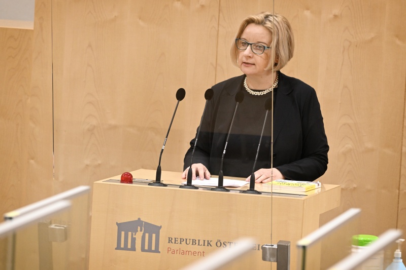 Am Rednerpult: Rektorin der Universität für künstlerische und industrielle Gestaltung Linz Brigitte Hütter zum Thema ‚Bedeutung von Wissenschaft und Forschung für regionale Entwicklung‘