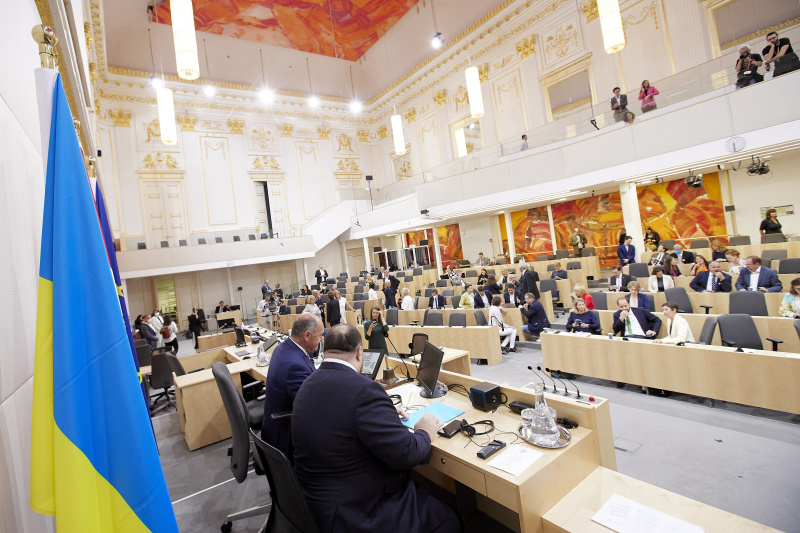 Von links: Nationalratspräsident Wolfgang Sobotka (ÖVP), Parlamentspräsident der Ukraine Ruslan Stefantschuk