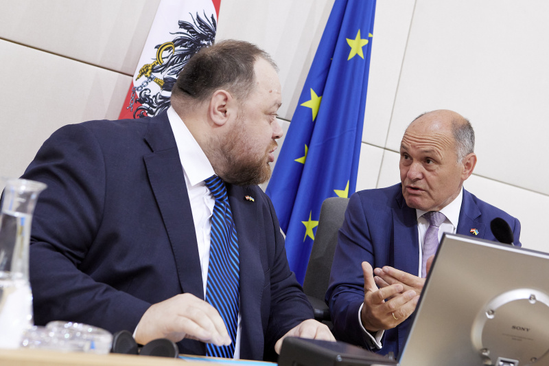 Von rechts: Nationalratspräsident Wolfgang Sobotka (ÖVP), Parlamentspräsident der Ukraine Ruslan Stefantschuk