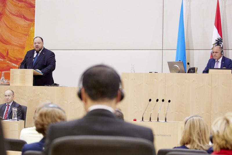 Rede Parlamentspräsident der Ukraine Ruslan Stefantschuk