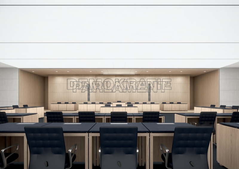 Heimo Zobernig - DEMOKRATIE PARLAMENT, 2022 - Stahl. 1179 x 150 x 1 cm