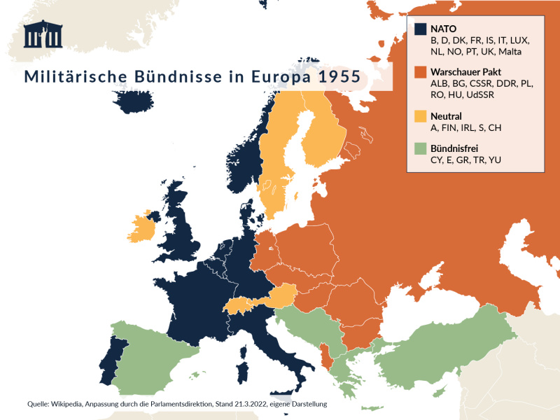 Die Karte zeigt die militärischen Bündnisse in Europa um 1955. Sie zeigt jene Länder, die in diesem Jahr der NATO oder dem Warschauer Pakt angehörten bzw. jene Länder, die in diesem Jahr neutral oder bündnisfrei waren.