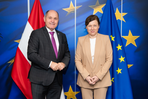 Fahnenfoto. Von links: Nationalratspräsident Wolfgang Sobotka  (ÖVP), EU-Vizepräsidentin Vĕra Jourová