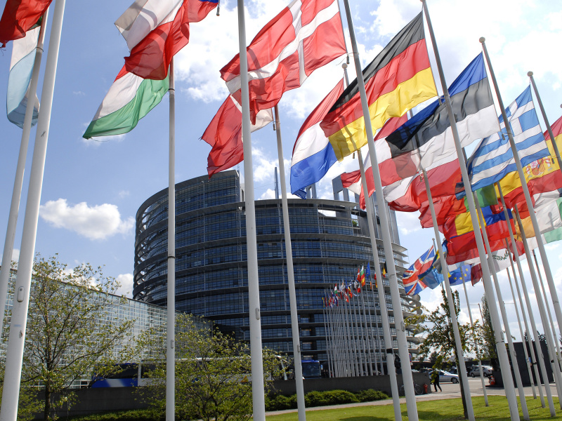 Europäisches Parlament mit den Flaggen der Mitgliedstaaten im Vordergrund