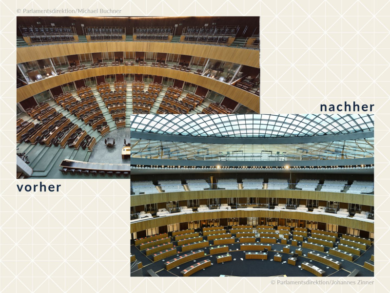 Grafik mit Bildern vor und nach der Sanierung des historischen Parlamentsgebäudes.