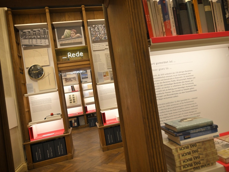 View of an exhibition at the Parliamentary Library