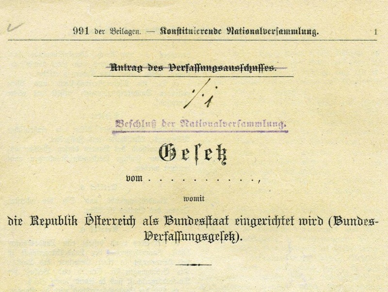 Beschluss der Nationalversammlung: Gesetz vom 1. Oktober 1920, womit die Republik Österreich als Bundesstaat eingerichtet wird (Bundesverfassungsgesetz).