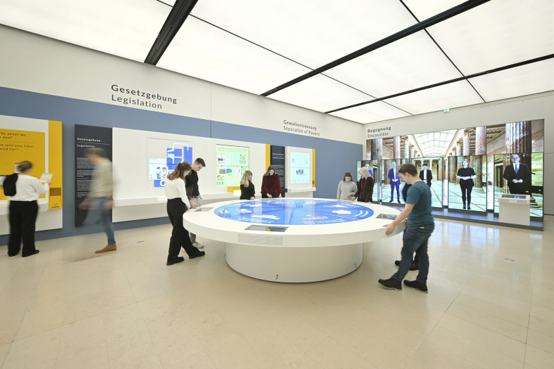 Forum, Blick auf die Medienstationen "Gesetzgebung", "Gewaltentrennung" und "Begegnung" (rechts) sowie den Quiztisch. Besucher:innen