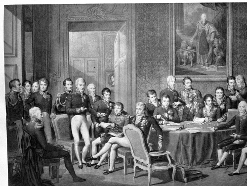 Gruppenbild der leitenden Staatsmänner am Wiener Kongress. Stich von Jean Godefroy nach einem Gemälde von Jean Baptiste Isabey (1819)
